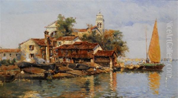 Barcas En El Squero Di San Trovaso, Con San Gervasio Y San Protasio Al Fondo Oil Painting by Antonio Maria de Reyna Manescau