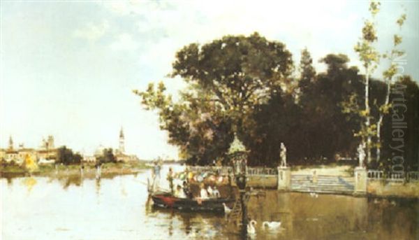 A Party In A Gondola On The Venetian Lagoon Oil Painting by Antonio Maria de Reyna Manescau