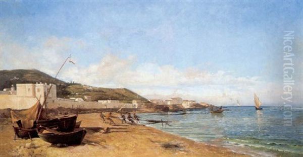 Am Strand Von Mattares, Algier, Mit Blick Auf Notre-dame D'afrique Oil Painting by Marius Reynaud