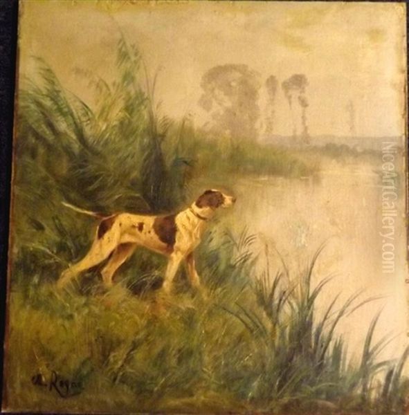 Pointer Au Bord D'un Etang Oil Painting by Charles Andre Reyne