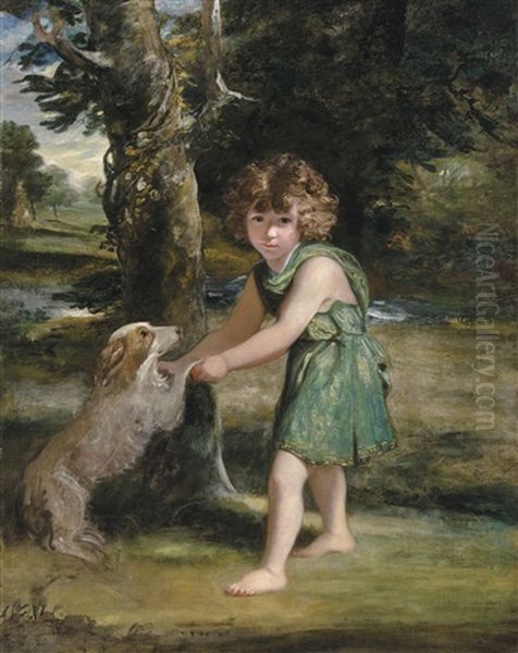 Portrait Of The Hon. John Tufton (1773-1799), Full-length, In Green Classical Dress, Playing With A Spaniel In A Landscape Oil Painting by Of Sir Joshua Reynolds