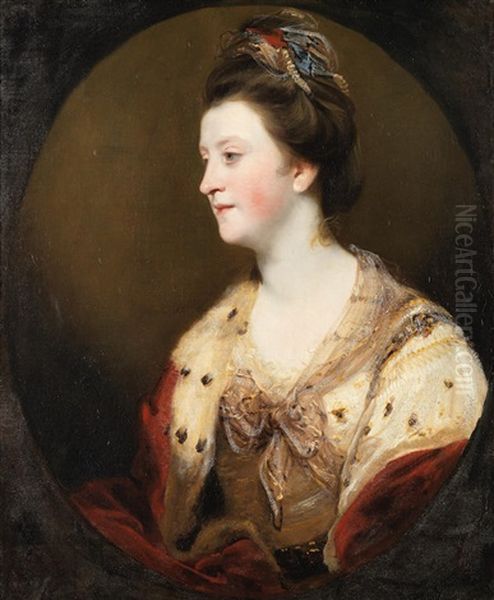 Portrait Of Emily Mary, Duchess Of Leinster, Bust-length, In A Pink Dress And Ermine Shawl, Within A Painted Oval Oil Painting by Of Sir Joshua Reynolds