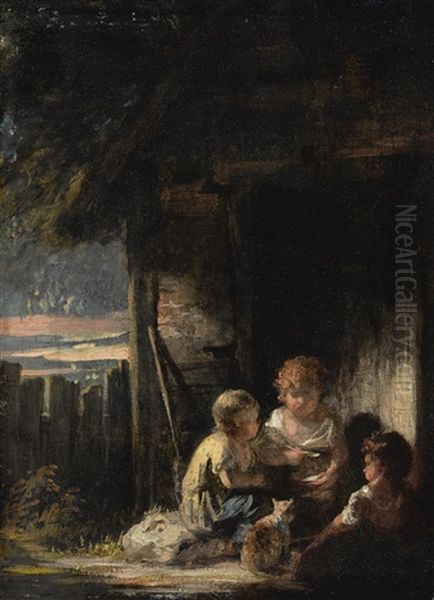 Three Children Outside A Cottage Door With A Cat Oil Painting by Of Sir Joshua Reynolds