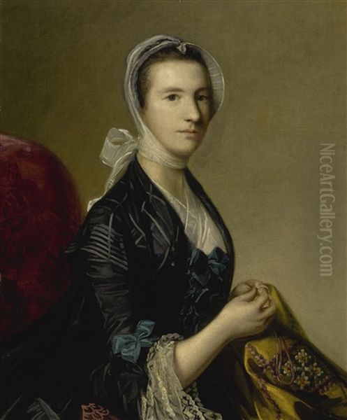 Portrait Of Mrs. Jubb, Half Length, Embroidering A Tapestry Oil Painting by Of Sir Joshua Reynolds