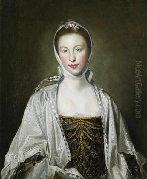 Portrait Of Lady Elizabeth Hastings, Half-length, In A Blue And Gold Embroidered Dress With A White Wrap Oil Painting by Of Sir Joshua Reynolds