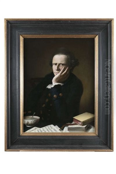 A Gentleman Seated With Hand To Face, Leaning On A Desk Laden With Books, Sheets Of Music And A Bowl Of Tea Oil Painting by Of Sir Joshua Reynolds