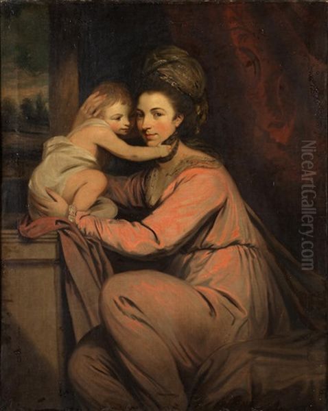 Portrait Of Elizabeth Rolleston, Nee Carr, With A Child, Seated In An Interior Oil Painting by Of Sir Joshua Reynolds