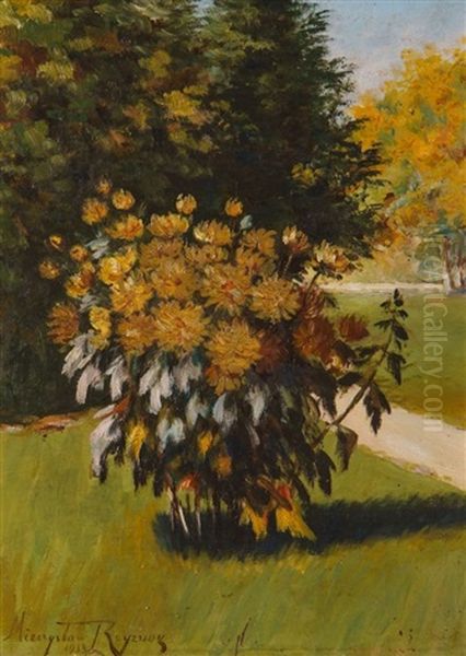 Kwitnace Dalie W Parku Oil Painting by Miecislaw Reyzner