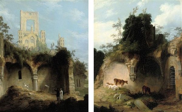 Figures Before Kirkstall Abbey (+ Cattle Grazing, Kirkstall Abbey; Pair) Oil Painting by John Nicholas Rhodes