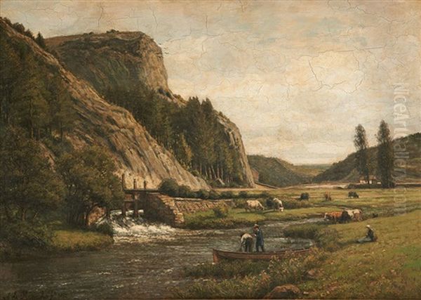 Pecheurs Au Bord De La Riviere Oil Painting by Agustin Riancho Y Mora