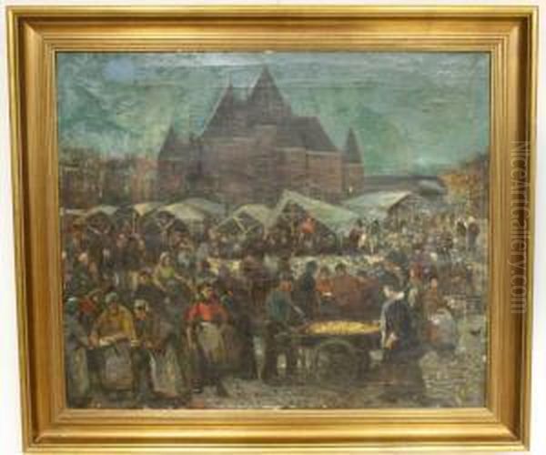 Drukke Marktdag Bij De Waag Op De Nieuwmarkt Te Amsterdam Oil Painting by Karel Alex. August Boom J