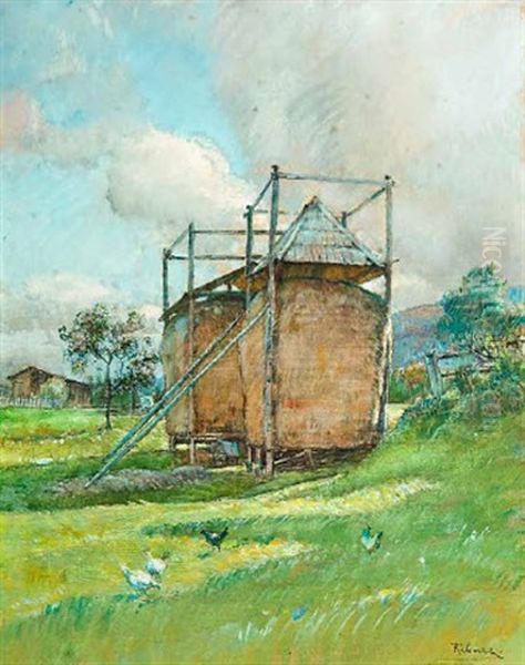 Heuschober In Sommerlandschaft Oil Painting by Rudolf Ribarz