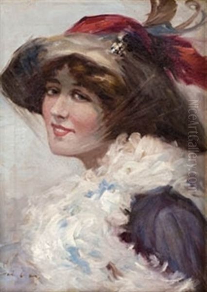 Retrato De Dama Con Sombrero Oil Painting by Federico Ribas Montenegro