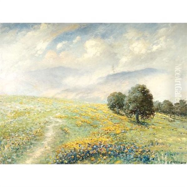 Blooming Wildflowers And Oaks On A California Hillside Oil Painting by Richard Dey de Ribcowsky