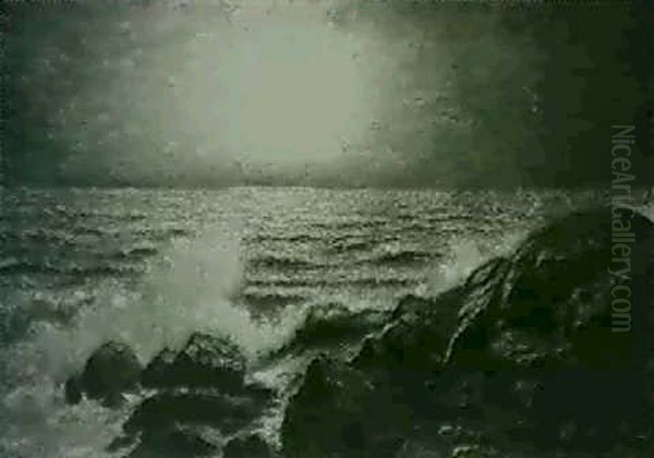 California Coast In Moonlight Oil Painting by Richard Dey de Ribcowsky