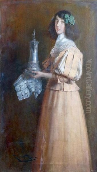 Jeune Femme Du Siecle D'or Tenant Une Aiguiere En Argent Oil Painting by Roman Ribera Cirera