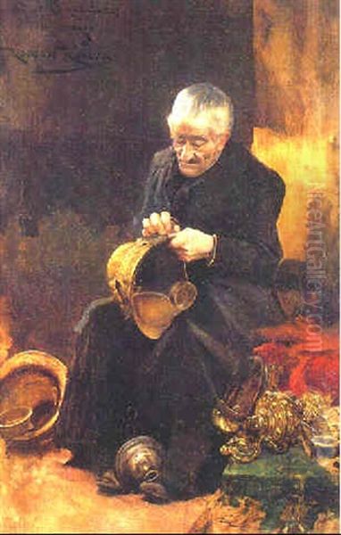 Limpiando Los Bronces De La Iglesia Oil Painting by Roman Ribera Cirera