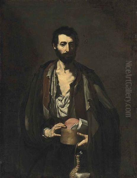 A Philosopher, Half-length, In A Torn White Shirt And Brown Jacket, Holding Books And A Wicker Flask Oil Painting by Jusepe de Ribera