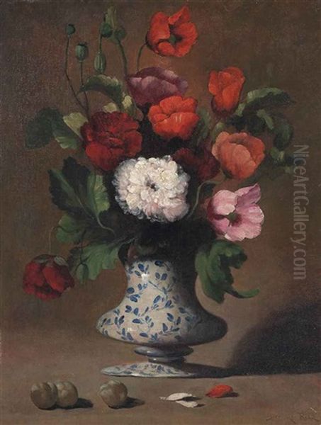 Poppies And Chrysanthemums In A Vase Oil Painting by Germain Theodure Clement Ribot