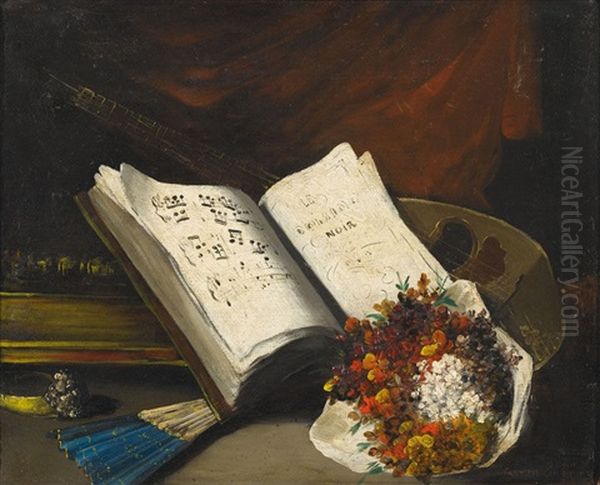 Stillleben Mit Notenbuch, Laute Und Blumenstrauss Oil Painting by Germain Theodure Clement Ribot