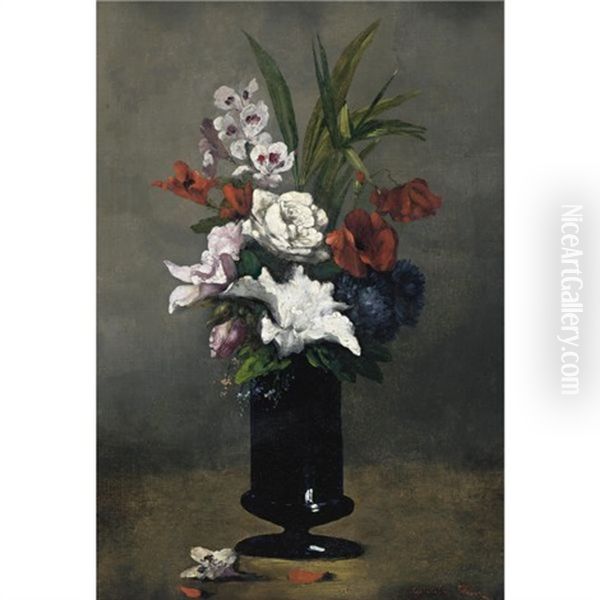 Flowers In A Blue Vase Oil Painting by Germain Theodure Clement Ribot