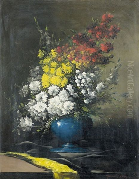 Bouquet De Fleurs Dans Un Vase Bleu Oil Painting by Germain Theodure Clement Ribot