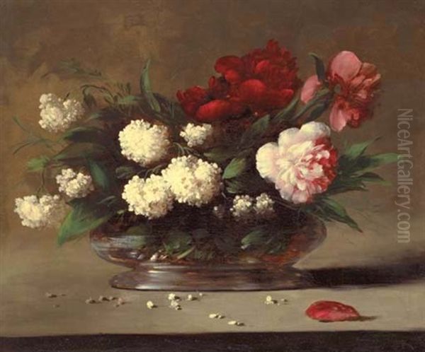 A Vase Of Roses And Lilacs Oil Painting by Germain Theodure Clement Ribot