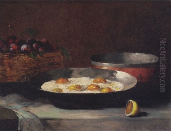 A Still Life With Eggs, Plums And A Lemon, On A Draped Ledge Oil Painting by Germain Theodure Clement Ribot