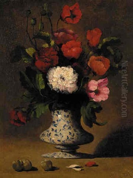 Flowers In A Blue And White Vase Oil Painting by Germain Theodure Clement Ribot