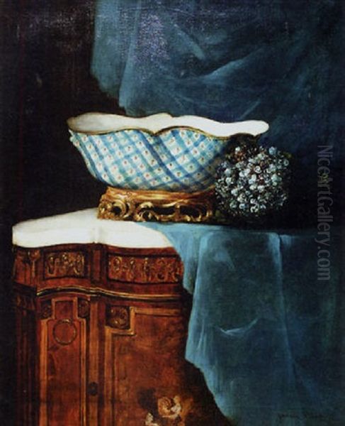 Coupe Montee En Porcelaine De Sevres, Et Fleur D'hortensia Sur Une Encoignure Oil Painting by Germain Theodure Clement Ribot