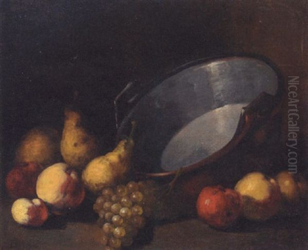 Pears, Apples And Grapes Alongside A Cauldron Oil Painting by Germain Theodure Clement Ribot