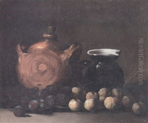 A Still Life With Plums, A Ceramic Jug And Another Vessel Oil Painting by Germain Theodure Clement Ribot