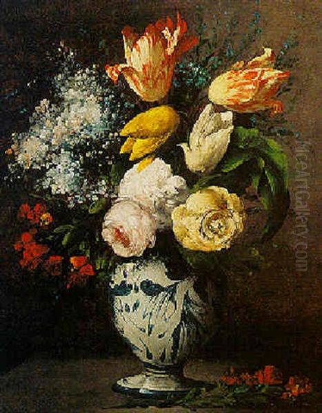 Tulips, Peonies And Other Flowers In A Porcelain Vase Oil Painting by Germain Theodure Clement Ribot