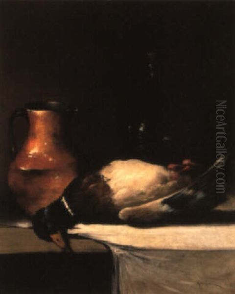Un Canard Mort, Une Cruche Et Une Bouteille Poses Sur Un Rebord Oil Painting by Germain Theodure Clement Ribot