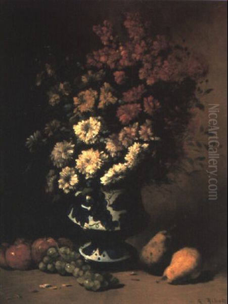 Still Life With Flowers And Fruit Oil Painting by Germain Theodure Clement Ribot