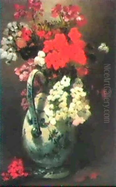 Geraniums In A Jug Oil Painting by Germain Theodure Clement Ribot