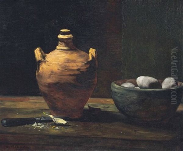 Still Life With Eggs, Garlic, And A Ceramic Jug Oil Painting by Theodule Augustine Ribot