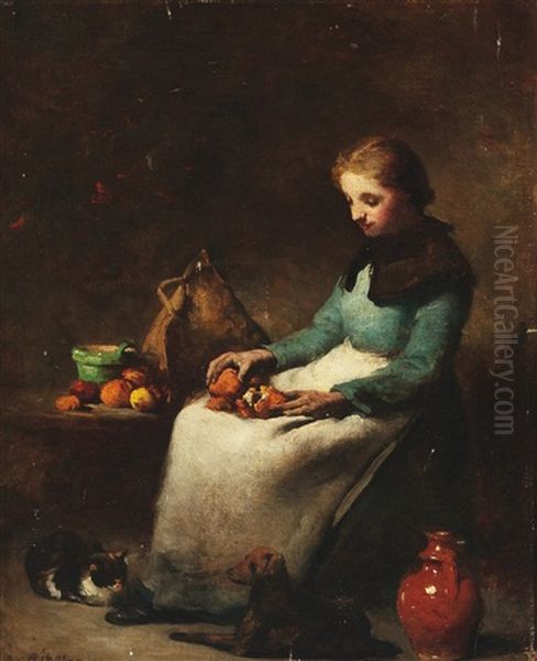 Girl In A Kitchen Interior Oil Painting by Theodule Augustine Ribot