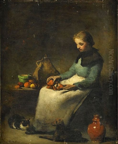 Flicka Med Apelsiner Oil Painting by Theodule Augustine Ribot