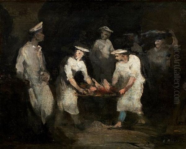 Cuisiniers Apportant Un Plateau Oil Painting by Theodule Augustine Ribot