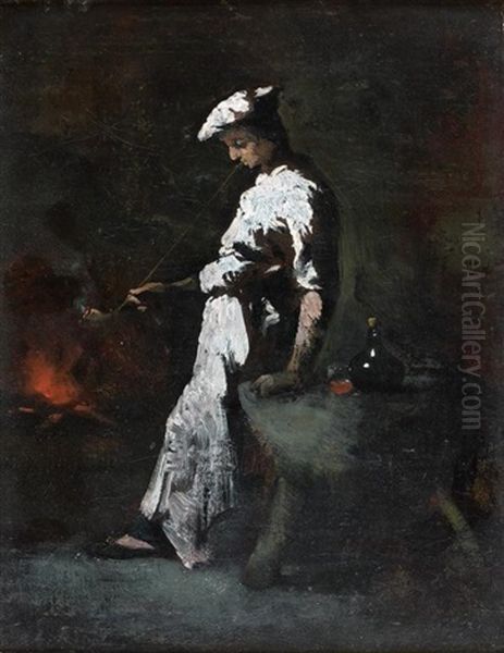 Un Cuisinier Fumant Sa Pipe Devant L'atre Oil Painting by Theodule Augustine Ribot