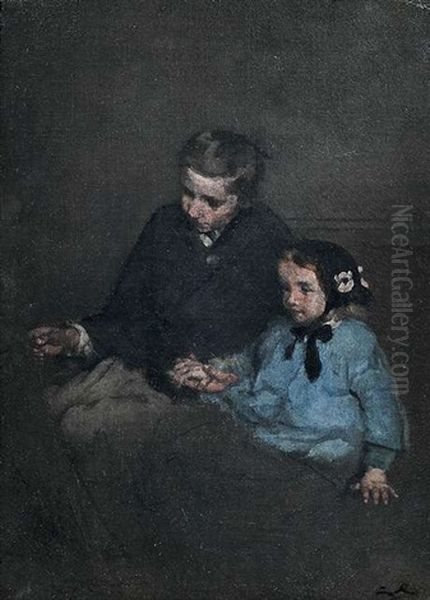 Geschwisterpaar, Sich An Den Handen Haltend Oil Painting by Theodule Augustine Ribot