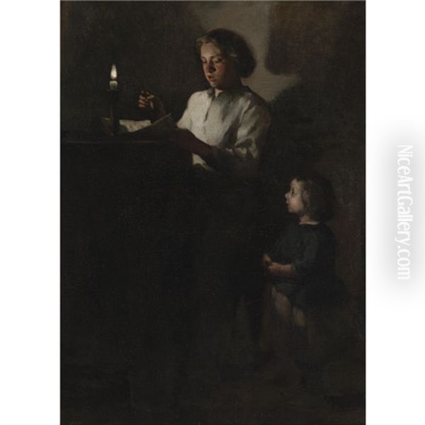 Reading By Candlelight Oil Painting by Theodule Augustine Ribot