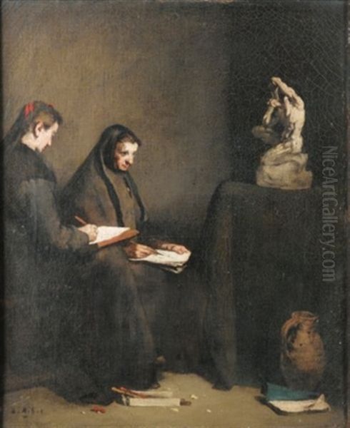 La Lecon De Dessin Oil Painting by Theodule Augustine Ribot