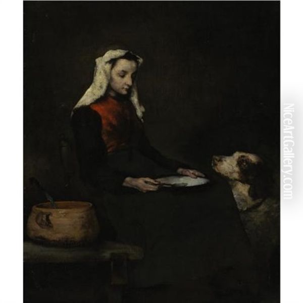 A Woman And Her Dog (les Deux Amis) Oil Painting by Theodule Augustine Ribot