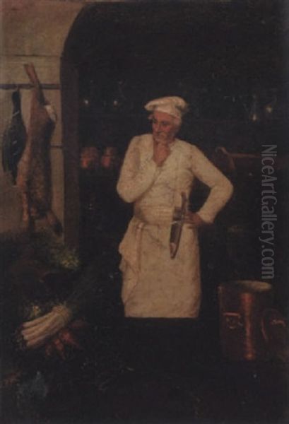 Chef In His Kitchen Oil Painting by Theodule Augustine Ribot