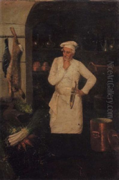 Chef In The Kitchen Oil Painting by Theodule Augustine Ribot