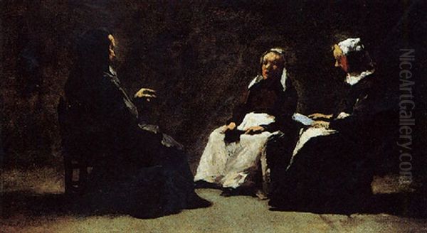Three Women Seated In An Interior Oil Painting by Theodule Augustine Ribot