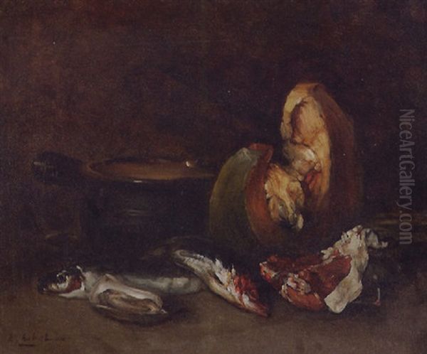 Fish And Melon By A Pot Oil Painting by Theodule Augustine Ribot
