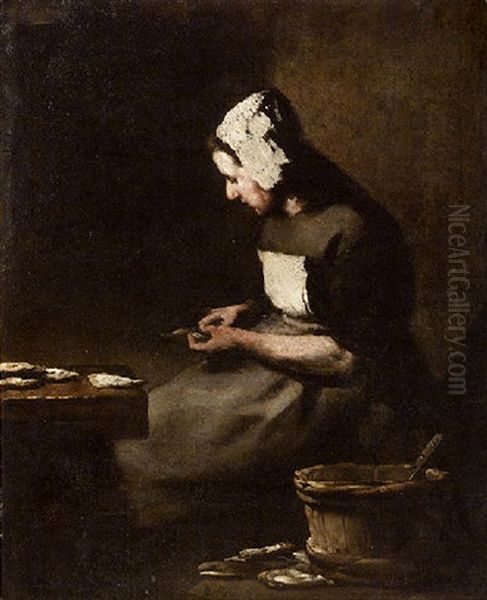 L'ecaillere (woman Shucking Oysters) Oil Painting by Theodule Augustine Ribot